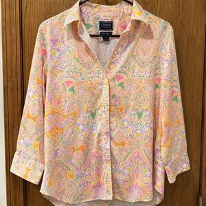 Colorful paisley Chaps button down top with 3/4 sleeves, size large